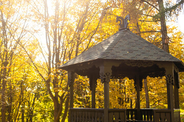 A wooden gazebo in front of a woodline during golden hour.