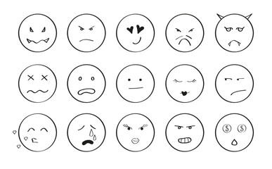 Fototapeta premium Emoticon faces icon set vector in doodle style. Simple Emoji pictograms in hand drawn style.