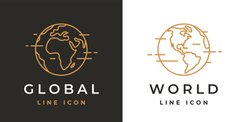 World globe line icon. Planet earth symbols. Global map logo. Africa and America continent sign set. Vector illustration.