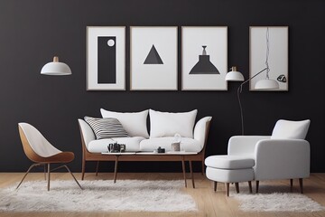 Stylish scandinavian composition of living room with design armchair, black mock up poster frame, commode, wooden stool, lamp, decoration, loft wall and personal accessories in modern home decor.