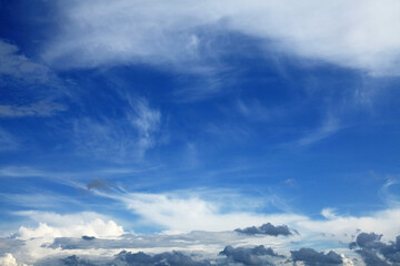 Cirrus, stratus and cumulus clouds in the same sky. Dense layer sky pattern. Skies landscape in...