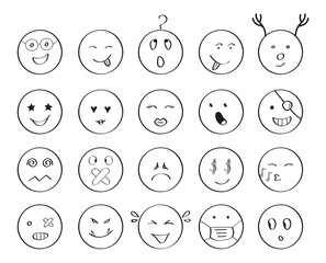 Emoticon faces icon set vector in doodle style. Simple Emoji pictograms in hand drawn style.