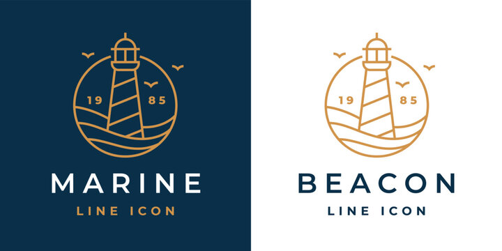 Lighthouse line icon. Light beacon logo. Nautical building emblem. Maritime harbor symbol. Coastal search light tower sign. Vector illustration.