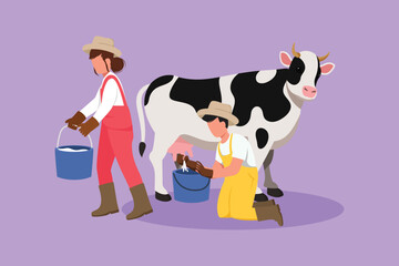 Graphic flat design drawing couple farmers milking a cow in the bucket. Breeding cows. Ranch or farm. Livestock or cattle. Production of dairy products at the meadow. Cartoon style vector illustration