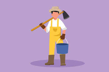 Character flat drawing of male farmer carries wooden hoe in shoulder with bucket. Agricultural worker standing on green grass with plants. Agronomic man at farmland. Cartoon design vector illustration