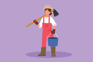 Cartoon flat style drawing cute female farmer holding hoe and bucket. Smiling agricultural worker standing on green grass with plants. Agronomic woman at farmland. Graphic design vector illustration