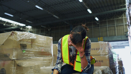 Hispanic logistics employee is sitting on cargo cardboard boxes and wiping sweat off her face while taking a rest. Young adult woman feel tired after working hard to manage supplies in the warehouse.