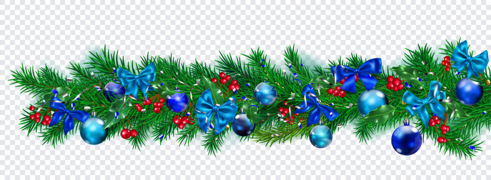 Christmas decoration made of New Year pine branches, blue balls and bows, pieces of serpentine, holly leaves and red berries, isolated on transparent background