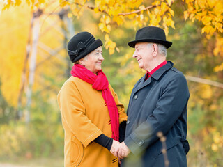 Beautiful happy pensioners in the autumn forest on a walk holding hands looking at each other