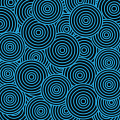 Fototapeta na wymiar Abstract blue chaotic circles design pattern background. Psychedelic circles seamless pattern, doodle texture in bright color, pop culture styled background, vivid backdrop vector.