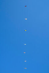 Lines of colorful kites in flight in a blue sky. Wind activity, hobby, natural background	
