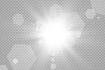 Special lens flash, light effect. The flash flashes rays and searchlight. illust.White glowing light. Beautiful star Light from the rays. The sun is backlit. Bright beautiful star. Sunlight. Glare.