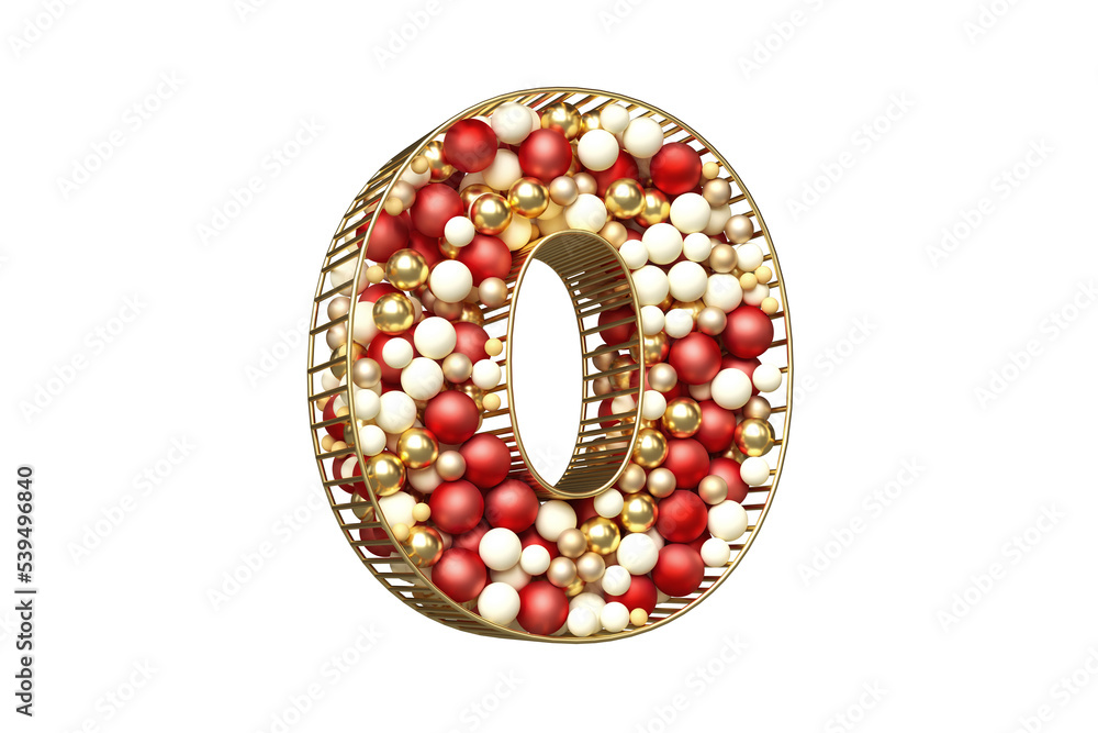 Poster creative christmas 3d font made of floating balls in golden, red and white colors. digit number 0 su