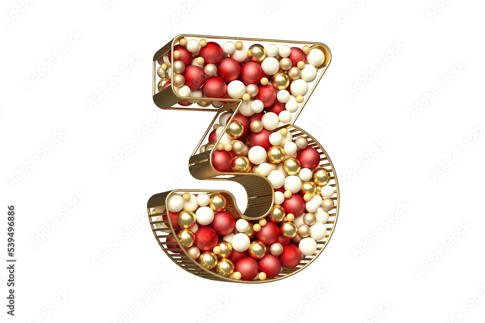 Poster christmas typography of gold, red and white balls floating in a golden structure. beautiful digit nu