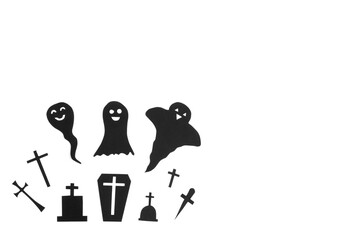 Happy halloween, ghost ,christian cross and grave make from black paper cut on white background, Decorative Halloween concept