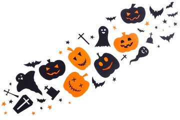 Happy halloween, pumpkin smile, ghost ,christian cross and grave made from black paper cut on white background, Decorative Halloween concept