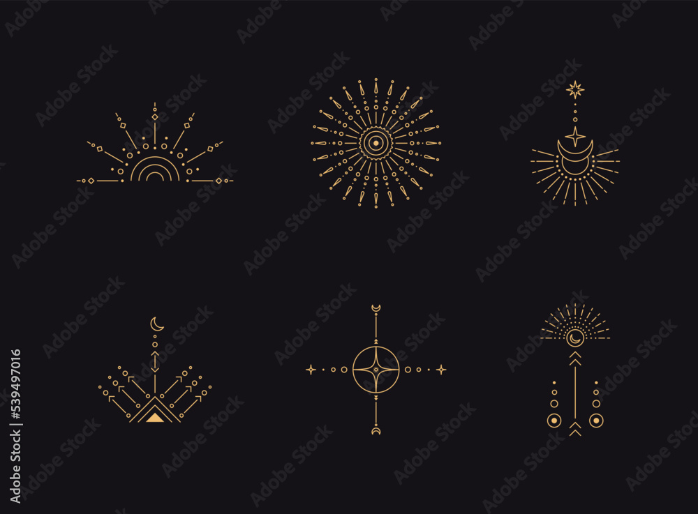 Poster set of moon and sun line art. minimal boho linear symbols. celestial mystic element. vector line art