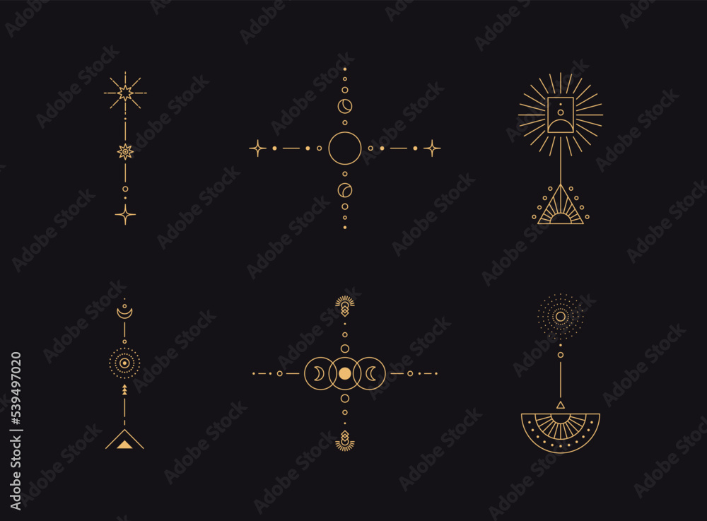 Poster set of moon and sun line art. minimal boho linear symbols. celestial mystic element. vector line art