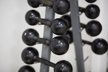 metal round dumbbells in the gym