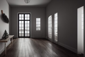 Scandinavian farmhouse hallway interior with Christmas decoration, wall mockup, 3d render