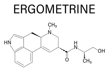 Ergometrine drug molecule. Used to prevent bleeding after childbirth (postpartum haemorrhage). Skeletal formula.
