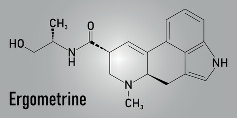 Ergometrine drug molecule. Used to prevent bleeding after childbirth (postpartum haemorrhage). Skeletal formula.