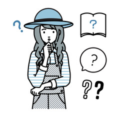 立って手をあごにあてて疑問を感じている農家の女性 クエスチョンマークのセット