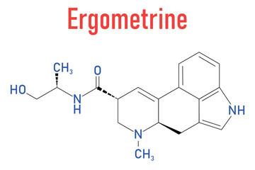 Ergometrine drug molecule. Used to prevent bleeding after childbirth (postpartum haemorrhage). Skeletal formula.