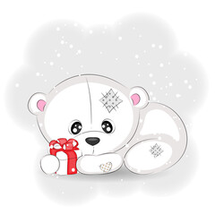 Cute polar bear with a gift, vector Christmas illustration