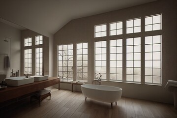 Fototapeta na wymiar Bathroom with big window and wooden accesorises