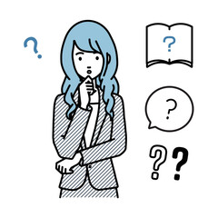 立って手をあごにあてて疑問を感じているスーツの女性 クエスチョンマークのセット