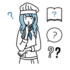 立って手をあごにあてて疑問を感じている調理師の女性 クエスチョンマークのセット