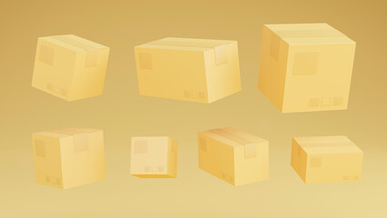 3D render of cardboard brown delivery boxes mockup set from side, front aand top view isolated on brown background. delivery cargo box with fragile care sign symbol, handling with care.