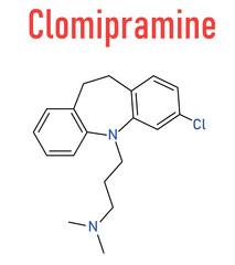 Clomipramine tricyclic antidepressant drug molecule. Used in treatment of depression, obsessive-compulsive disorder, etc. Skeletal formula.