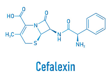Cefalexin antibiotic drug molecule (cephalosporin, first generation). Skeletal formula.