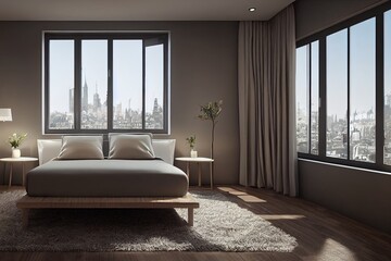 Corner of stylish panoramic bedroom with grey walls, wooden floor and ceiling, cozy king size bed with beige blanket and two round bedside tables. Blurry cityscape. 3d rendering
