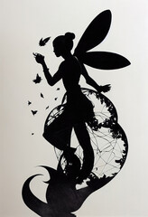 a silhouette illustration of a fairy with butterflies