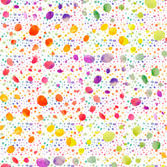 Colorful watercolour round paint spots seamless border, uneven dots design element, text background. Bright rainbow colors. Watercolor circle shape stains, smears, strokes. Brush drawn decoration.
