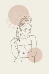 Vector fashion minimalist style the girl in the towel with eye patches portrait.