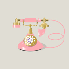 Pink retro phone with golden details isolated on light grey background. Cartoon vector illustration.