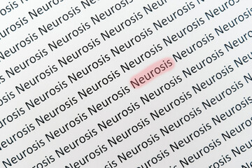 Fototapeta premium Marked one red word neurosis among another words, highliting psychological problems
