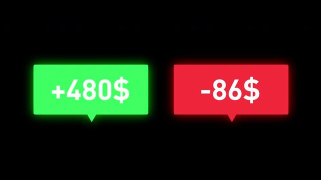 Receiving and losing money bubble animation. Positive and negative dollar amount changing. Push notification