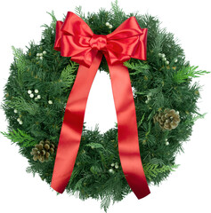 Christmas wreath made of fir tree and cones with red bow isolated on white