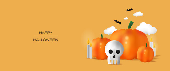 Halloween banner with pumpkins, bats and skull. Happy halloween text on a orange background.