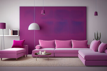 Livingroom interior wall mock up with pink velvet sofa and pillows on white wall background with free space on right. 3d rendering.
