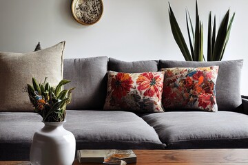 Home interior decorative item on table with glass jar and dried flowers, candle. Colorful cushions on grey sofa.