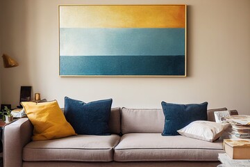 Aesthetic sunlight shadow reflections on neutral wall with abstract painting. Bright sunny elegant home living room interior design with comfortable lounge sofa, pillows, straw rug