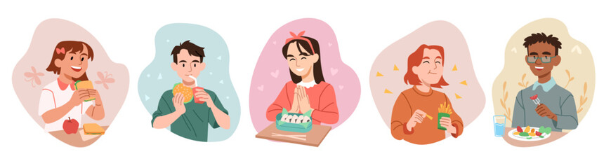 Kids having breakfast or lunch meals. Set of boys and girls with delicious food. Children eat fast food. Characters with favorite dishes. Cartoon flat vector collection isolated on white background