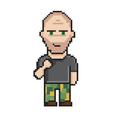 Pixel Art Bald Man Character in Camo Pants