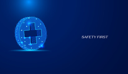 Abstract low poly of medical health care sign. First aid or safety first wireframe model vector. Blue emergency crossing symbol vector design.